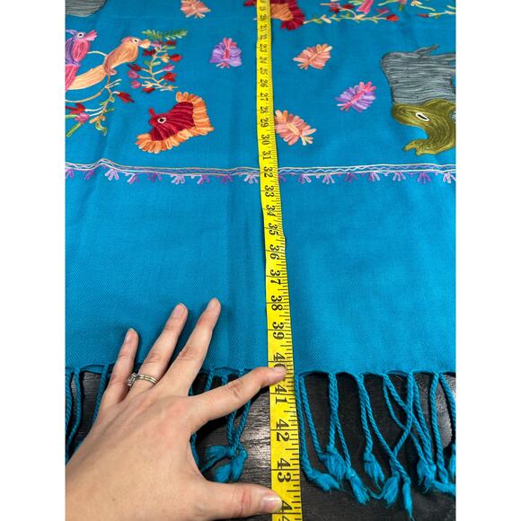 LA LO LA- Vibrant Blue embroidered Shawl with tassels-  80x30" preowned birds - Picture 6 of 9